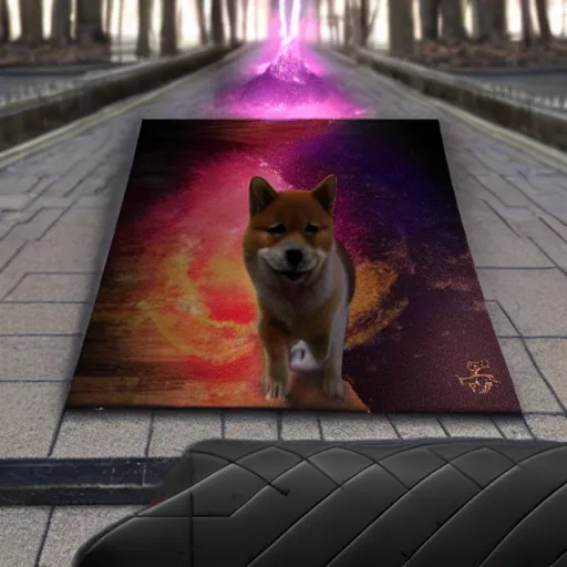 Prompt: shiba inu puppy warrior walks through a dimensional portal,back view, Fantasy Art