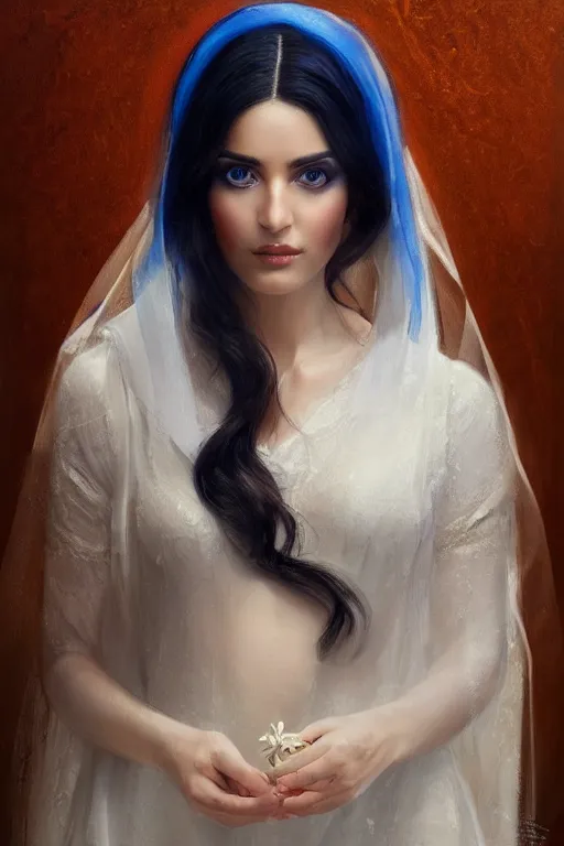 Image similar to ameera al taweel, bright blue eyes, long wavy black hair, white veil, front closeup, cinnamon #b57e59 skin color, elegant, highly detailed, centered, oil painting, artstation, concept art by tom bagshaw