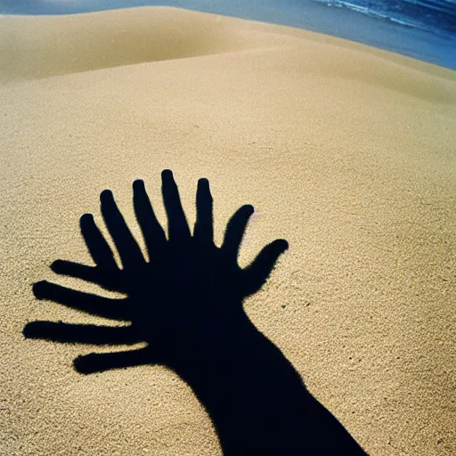 Prompt: chrome hand emerging from sand, high angle view, surrealist album cover art by storm Thorgerson, 1978