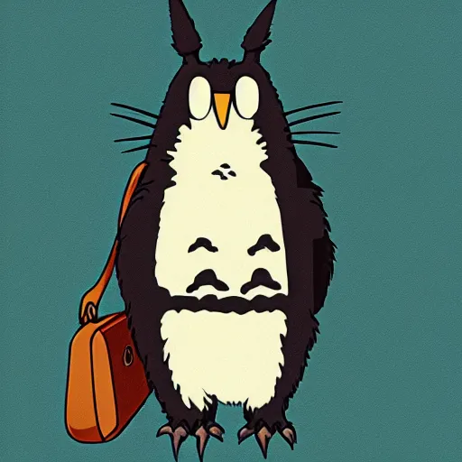 Image similar to still from studio ghibli movie My Neighbor Totoro, Hayao Miyazaki,barn owl in a black suit wearing an office bag going to the office, symetrical face,digital oil painting