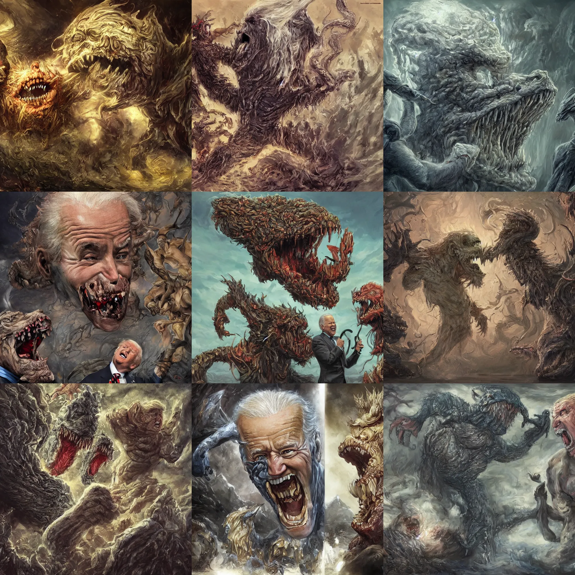 Prompt: Joe Biden being eaten by a monster while Trump laughs at him, horror, diffuse lighting, fantasy, intricate, elegant, highly detailed, lifelike, photorealistic, digital painting, artstation, illustration, concept art, smooth, sharp focus, art by John Collier and Albert Aublet and Krenz Cushart and Artem Demura and Alphonse Mucha