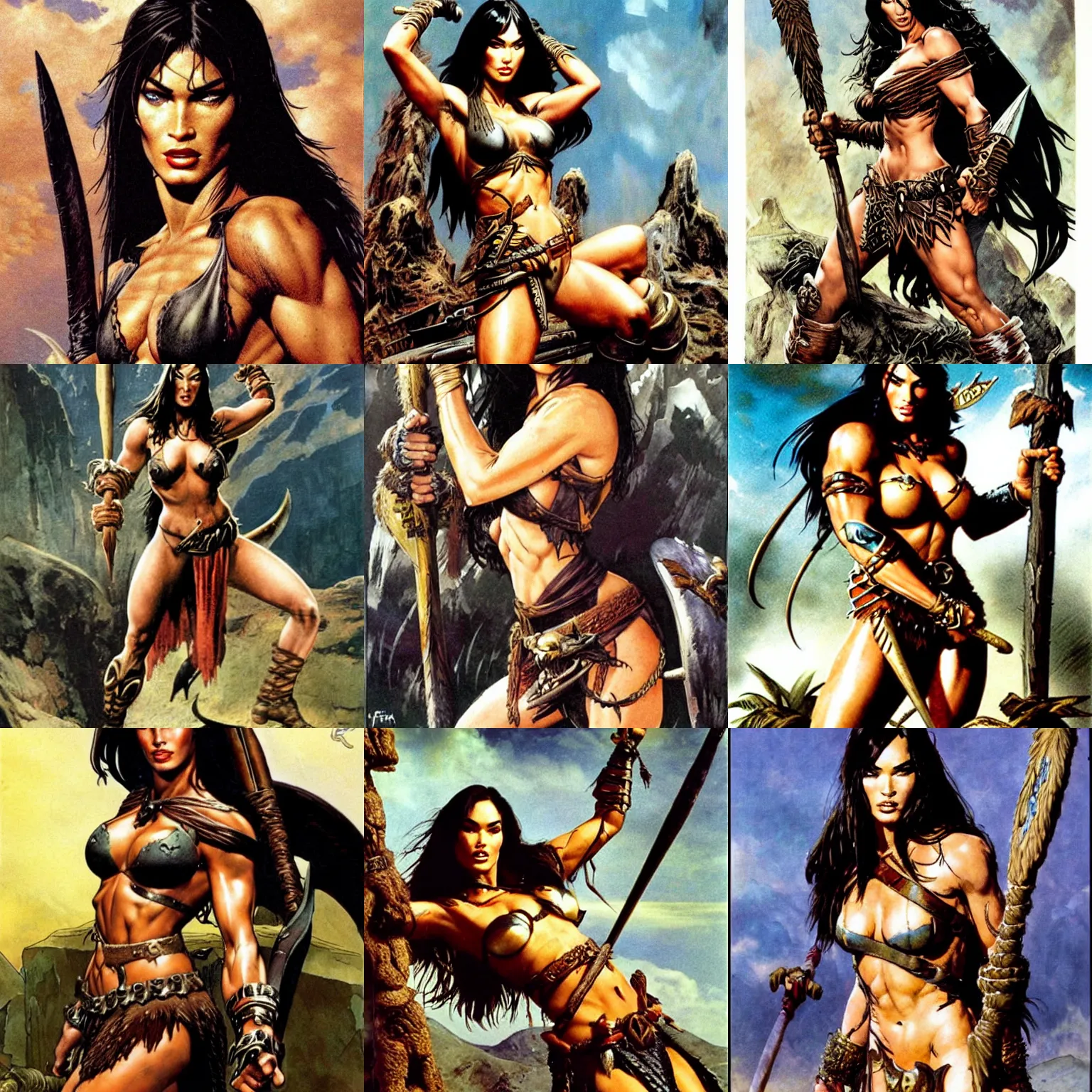 Prompt: megan fox as barbarian by frank frazetta