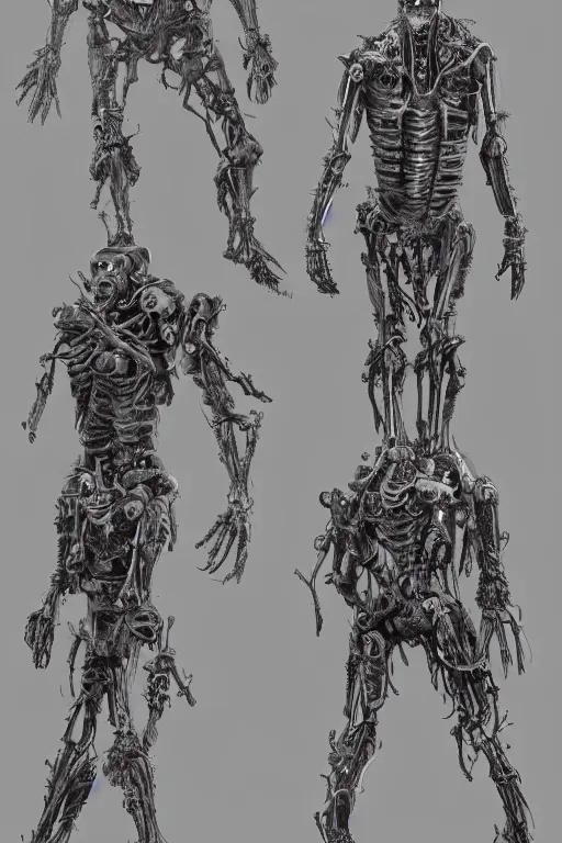 Image similar to cyborg zombie king with gunmetal grey skin, medical anatomy, very symmetrical face, highly detailed, mecha, three - perspective / three - view reference sheet ( front / back / side ), in the style of james gurney, dan ouellette, hr giger, sil from species, dren from splice, biomechanical, artstation, unreal engine