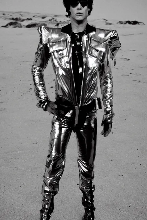 Image similar to portrait davis taylor brown dressed in 1 9 8 1 space fantasy fashion, new wave, shiny metal, standing in a desert