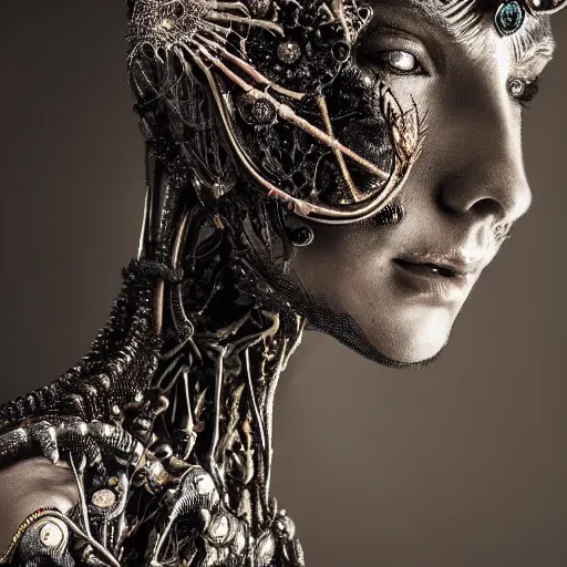 Prompt: a female model by stefan geselle and nekro borja, photorealistic, biomechanical, crystals, intricate details, hyper realistic, ornate headpiece, dark beauty, photorealistic, canon r 3, photography, wide shot, photography, dark beauty, symmetrical features