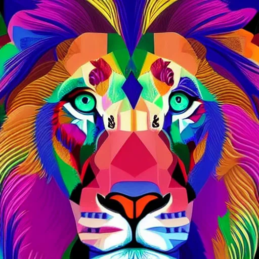 Image similar to a technicolor portrait of a lion in geometric kaleidoscopic colors trending on artstation 4 k intricate extremely detailed digital art