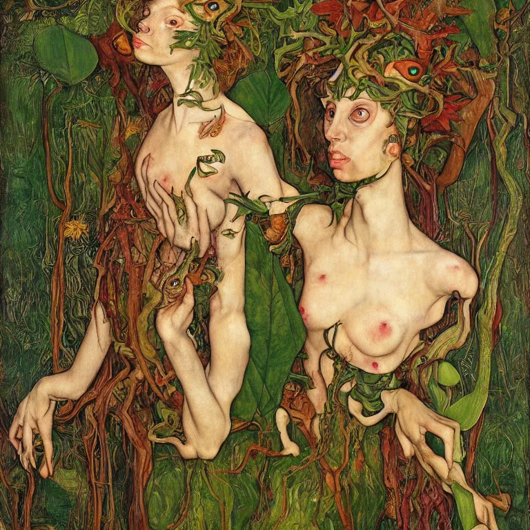 Prompt: a dryad venus, transforms herself into a tropical alien fish. her face in strangely long and she has goat pupils. in the forest around her are colorful tropical birds and orchids. painted by jan van eyck, egon schiele and max ernst, trending on artstation, 8 k, award winning