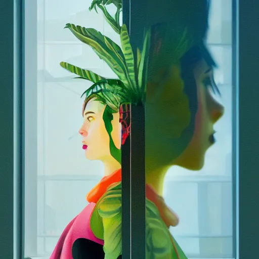 Image similar to closeup, giant flower head, woman next to modern windows, luxury apartment, surreal photography, dramatic light, impressionist painting, digital painting, artstation, james gilleard