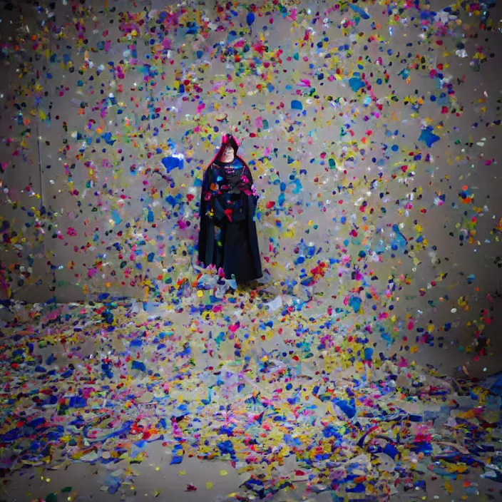 Image similar to a woman wearing a hood made of plastic and confetti, in an abandoned office building, by jan van eyck, canon eos c 3 0 0, ƒ 1. 8, 3 5 mm, 8 k, medium - format print