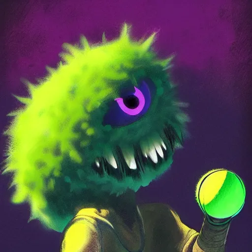 Image similar to a tennis ball monster, tennis ball, dark, chalky, kingdom hearts, digital art, fantasy, magic, trending on artstation, ultra detailed, professional illustration by Basil Gogos