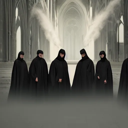 Image similar to a detailed matte painting of a group of 7 senior priests in black robes with their hood up and pitch black eyes, concept art, evil cathedral, incense smoke drifting through the air, portrait, artstation, volumetric lighting, exquisite detail, octane render, 8 k postprocessing