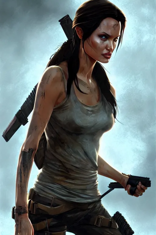 Image similar to angelina jolie as tomb raider, manga cover art, detailed color portrait, artstation trending, 8 k, greg rutkowski