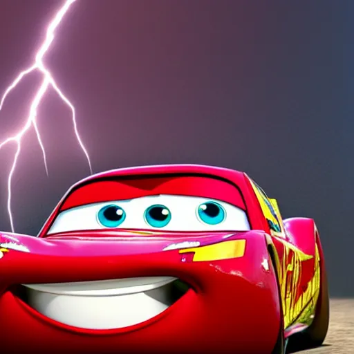 Image similar to lightning mcqueen after a fatal car accidend. rendered in 4 k with presto animation software.