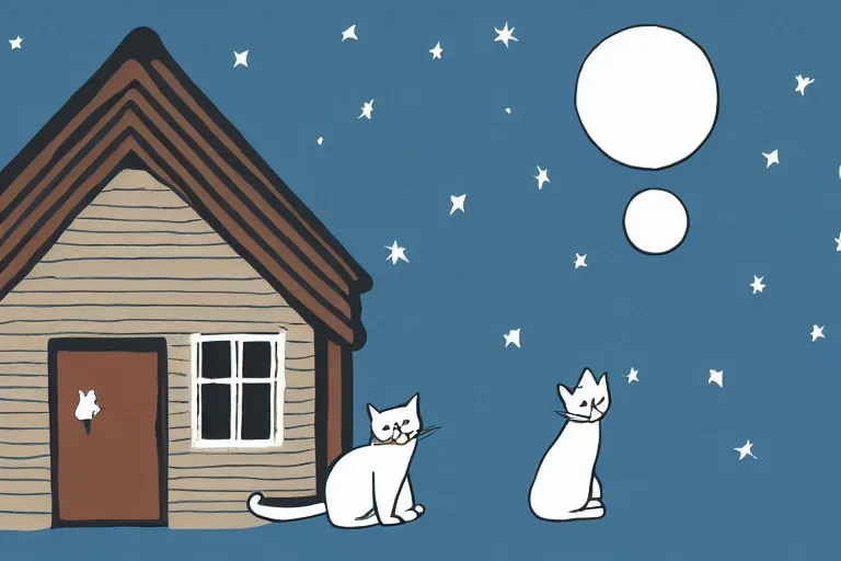 Image similar to detailed illustration of a white cat with a black spot on her trunk playing guitar, an old house with a window over a hill, blue sky, a big star falling