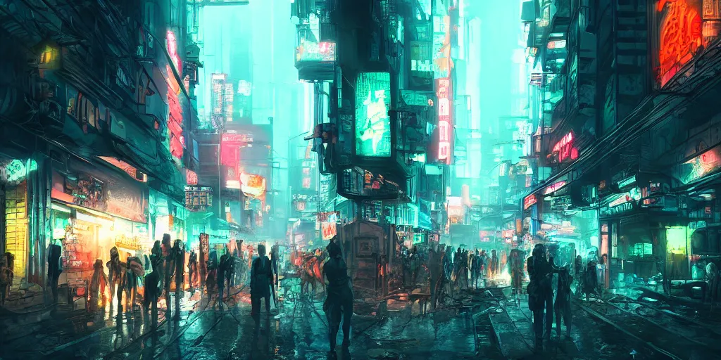 Image similar to digital art, trending on artstation, dystopian cyberpunk night street with neon