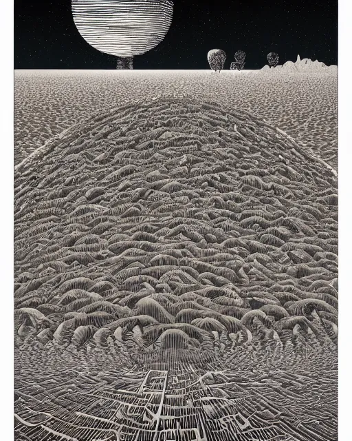 Prompt: bioremediation in the vast desert by woodblock print, nicolas delort, moebius, victo ngai, josan gonzalez, kilian eng