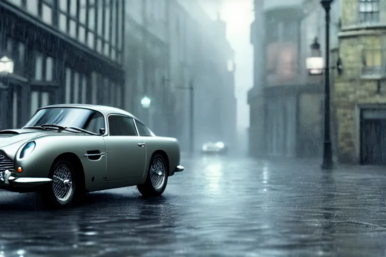 Prompt: a wholesome animation key shot of!! one!! focused!! aston martin db 5!!, in a wet london street, raining, wide shot, studio ghibli, pixar and disney animation, sharp, very detailed, high resolution, rendered in unreal engine 5, anime key art by greg rutkowski, bloom, atmospheric lighting