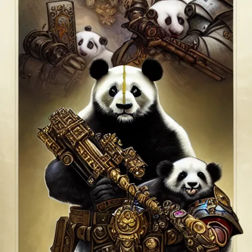 Prompt: full portrait of warhammer 4 0 k panda, fantasy, d & d, intricate, detailed, by by alphonse mucha, adolfo hohenstein, alice russell glenny, stanley artgerm lau, greg rutkowski, detailed, trending on artstation, trending on artstation, smooth