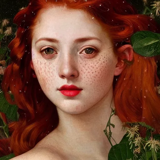 Image similar to a highly detailed portrait of a red haired young woman, among golden fireflies and nature, by night, green eyes, round gentle face, hint of freckles, cheeky smile with red lips, deep focus, smooth, sharp, golden ratio, elegant, digital painting by artemisia lomi gentileschi, caravaggio, artgerm, alphonse mucha