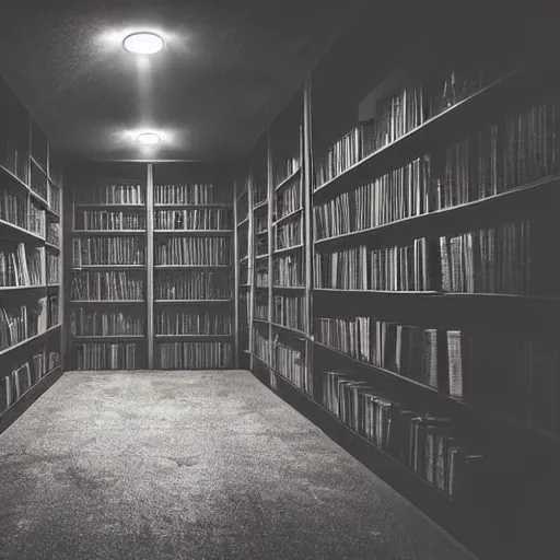 Image similar to Hard to see dark gloomy shadowy midnight crypt room with bookshelves. Dimly lit nighttime imagery