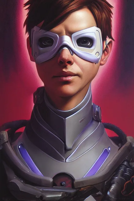 Prompt: tracer from overwatch portrait, painted by wayne barlowe