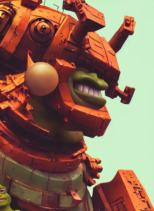 Image similar to shrek as a giant war robot. ultra detailed, close - up, by conrad roset, takato yomamoto, jesper ejsing, masamune shiro, ukiyo - e, 8 k resolution, octane render, high quality, professional artwork