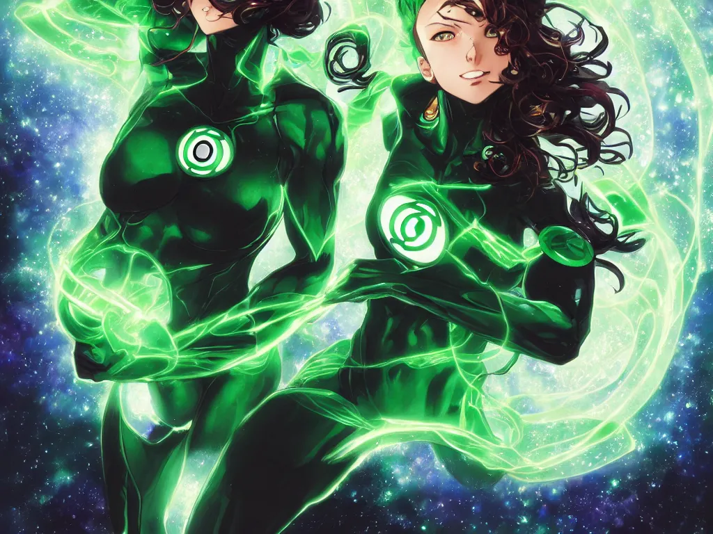 Image similar to anime key visual of one beautiful female green lantern, dc comics, power, hope, glowing, intricate, in space, stunning, highly detailed, digital painting, artstation, smooth, hard focus, illustration, art by artgerm and greg rutkowski and alphonse mucha