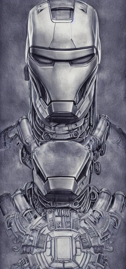 Prompt: steampunk, H.R. Giger design of Iron Man, body and head, drawing on pencil, ornate, details, smooth, sharp focus, illustration, realistic, cinematic, artstation, award winning, rgb, ethereal blue lighting, 8K,