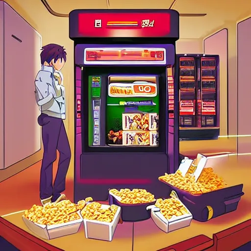 Prompt: “Shinji from Eva buying Cheerios from a cereal vending machine on a futuristic space ship, anime, artstation”