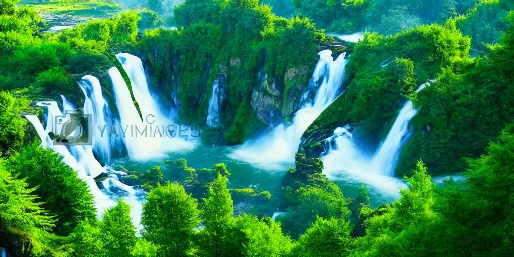 Image similar to evergreen valley, several waterfalls, ancient marble city, tall buildings, landscape, global illumination, morning light, radiant light, bird's eye view