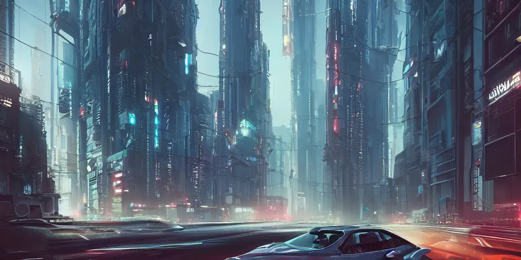 Image similar to a car driving down a street next to tall buildings, cyberpunk art by Vincent Lefevre, cgsociety, retrofuturism, matte painting, reimagined by industrial light and magic