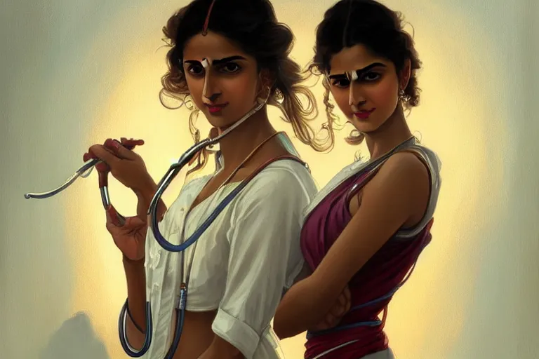 Image similar to sensual pale beautiful indian doctor in jeans with stethoscope, art deco portrait, elegant, intricate, digital painting, artstation, concept art, smooth, sharp focus, illustration, art by artgerm and greg rutkowski and alphonse mucha