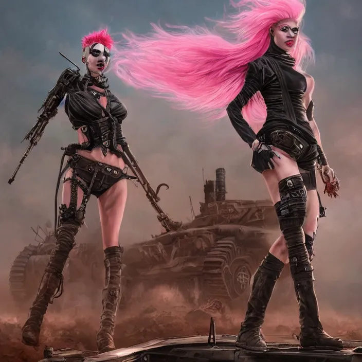 Image similar to beautiful apocalyptic woman with pink Mohawk, standing on mad max panzer tank, 4k ultra hd, fantasy dark art, tank girl, artgerm, concept art, artstation, octane render, elegant, detailed digital painting