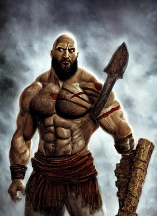 Prompt: a highly detailed beautiful 3 5 mm photo of dwayne johnson kratos hybrid god of war holding a sword and fighting zombies on a pile of human skulls, spartan warrior, olympian god, muscular!, frank frazetta, boris vallejo, action pose, ambient lighting, volumetric lighting, octane, fantasy