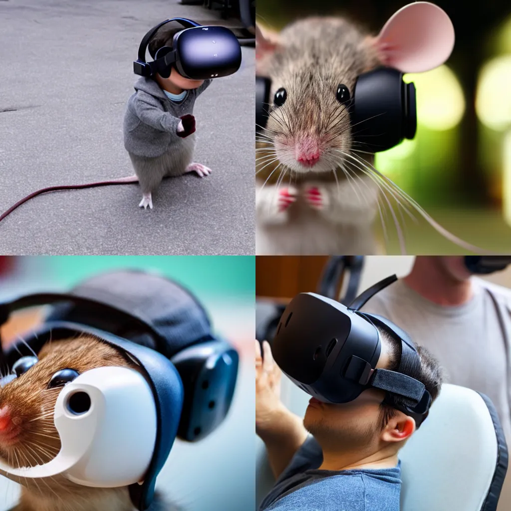 Prompt: A photograph of a mouse wearing a VR headset