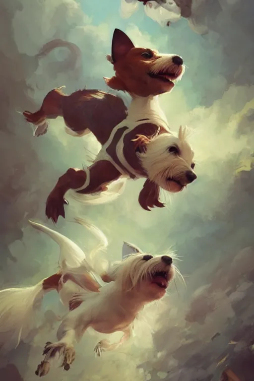 Image similar to adorable jack russel terrier jumping high, fantasy art, artstation character design contest winner, trending on cgsociety, concept art, speedpaint, beautiful digital art, jesper ejsing, james jean, justin gerard, fenghua zhong, makoto shinkai, highly detailed