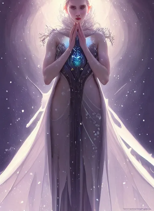 Image similar to a beautiful cinematic female winter goddess, cristal dress, ice wing, galatic shamen with quantum energy fantasy, fantasy magic, undercut hairstyle, dark light night, intricate, elegant, sharp focus, illustration, highly detailed, digital painting, concept art, matte, art by wlop and artgerm and greg rutkowski and alphonse mucha, masterpiece