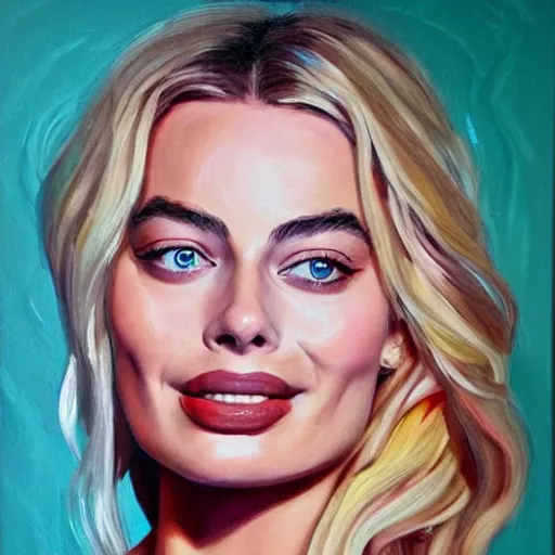 Prompt: a A painting of Margot Robbie, highly detailed, hyper realistic, vibrant