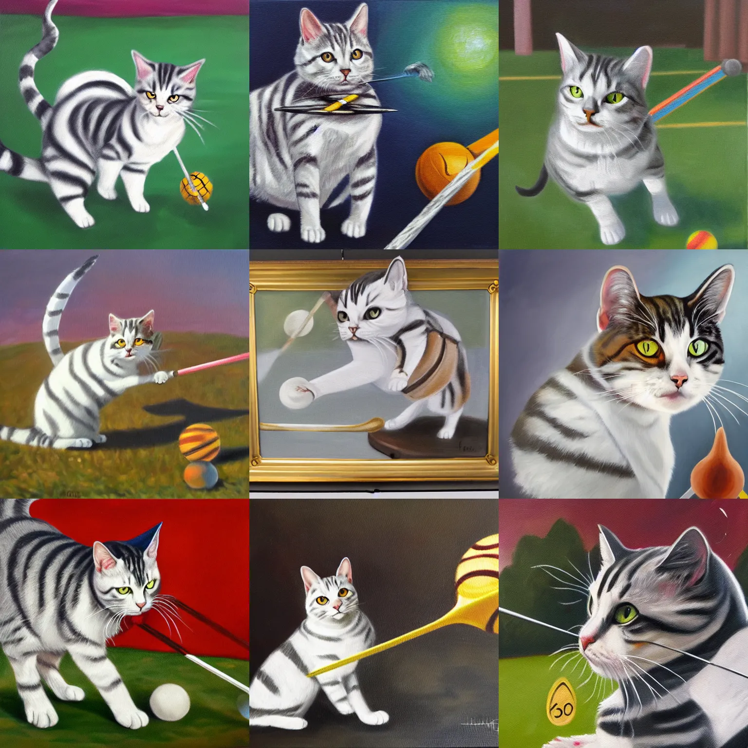 Prompt: oil painting of a white and grey tabby cat playing quidditch