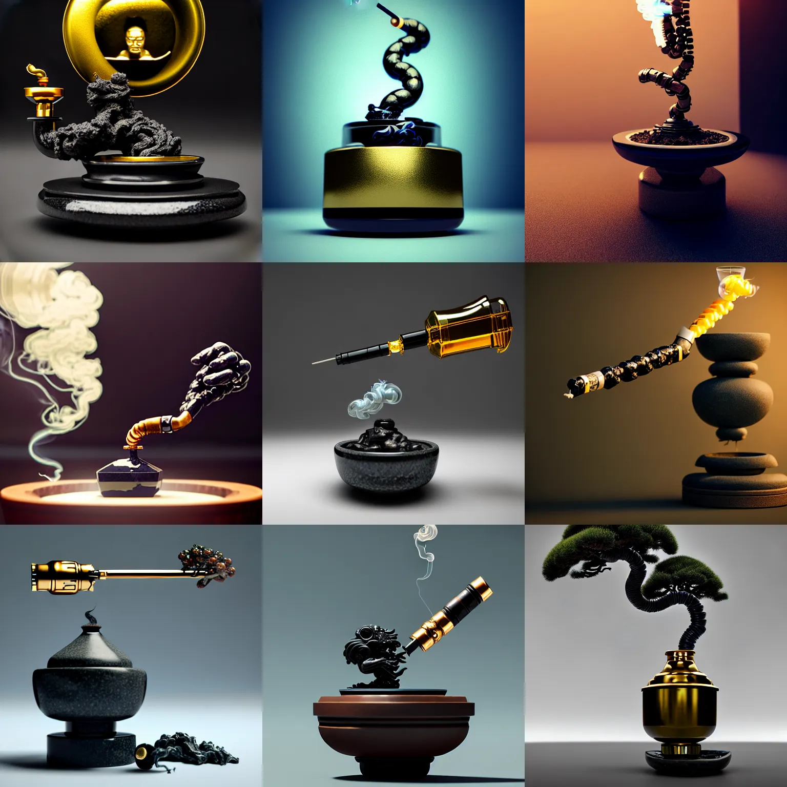 Prompt: obsidian ( japanese bonsai temple ) biotech cyborg smoking bong | polished rich elegant smooth ornate, weta disney movie still photo, hi - fructose, sci fi fantasy, golden ratio, octane render, sharp focus, artstation, concept art | dyson, feng zhu, rutkowski, beeple