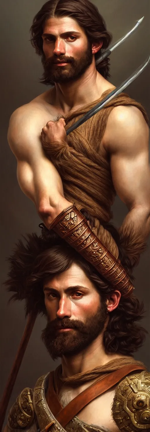 Image similar to renaissance upper body portrait of a gruff ranger with a spear, lean and toned, handsome face, hairy chest, D&D, intricate, elegant, highly detailed, digital painting, artstation, concept art, matte, sharp focus, illustration, art by da Vinci, Artgerm and Greg Rutkowski and Alphonse Mucha