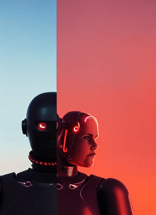 Prompt: cinestill 5 0 d photographic portrait of two loving female androids wearing rugged black techwear on a desolate plain with a red sky, extreme closeup, cyberpunk style, dust storm, 8 k, hd, high resolution, 3 5 mm, f / 3 2, ultra realistic faces, ex machina