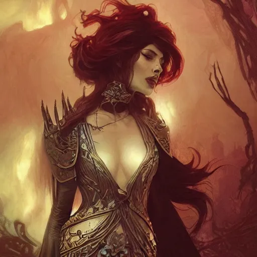 Image similar to An epic fantasy comic book style portrait of a necromancer, castle setting, horror movie lightning, intricate, elegant, highly detailed, digital painting, artstation, concept art, matte, sharp focus, illustration, art by Artgerm and Greg Rutkowski and Alphonse Mucha