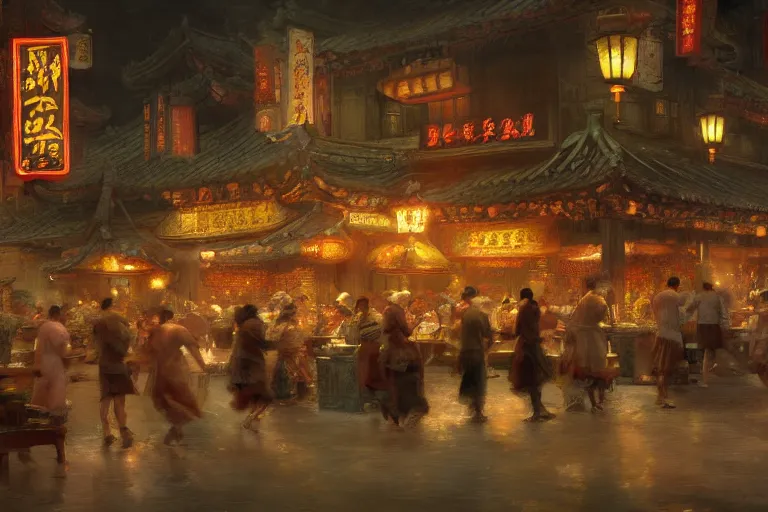 Prompt: fantasy art of a bustling tavern in china, at night, by craig mullins, highly detailed digital art, trending on artstation