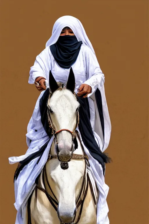 Prompt: hyperrealistic portrait from middle eastern burqa woman riding horse, super highly detail, accurate boroque, without duplication content, white border frame, medium close up shot, justify content center, symmetrical, incrinate, cinematic, dust.