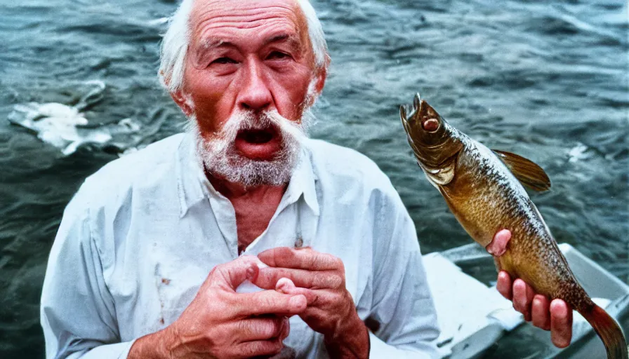 Image similar to 7 0 s movie still portrait of an old man. his mouth is full of fish. cinestill 8 0 0 t 3 5 mm technicolor, heavy grain, high quality, high detail