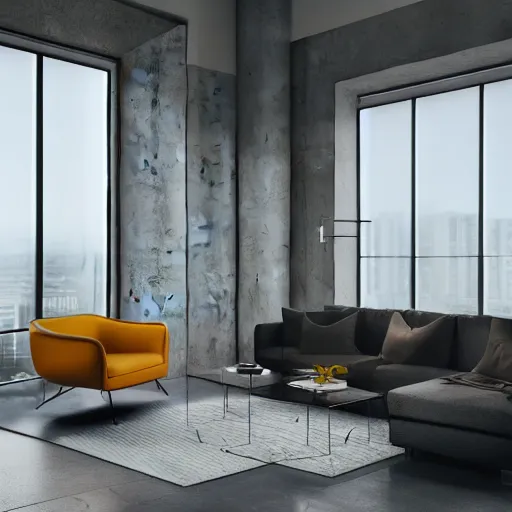 Prompt: brutalist penthouse open living room, big windows, showing city landscape on background, minimalist architecture, minimalist furniture, octane render, high quality, 8 k, post production