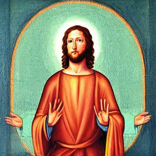 Image similar to mark zuckerberg depicted as jesus in a religious painting