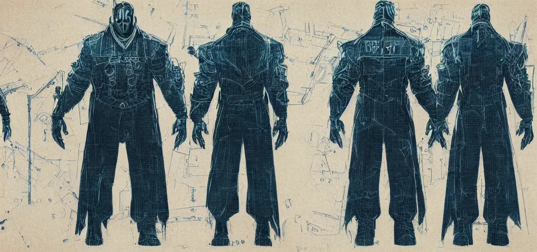 Image similar to blueprints for bioshock character, concept art, blueprint,