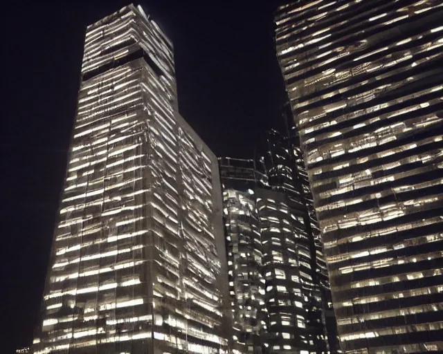 Image similar to a very tall building lit up at night, a photo by richard wilson, featured on flickr, brutalism, nightscape, flickering light, chiaroscuro